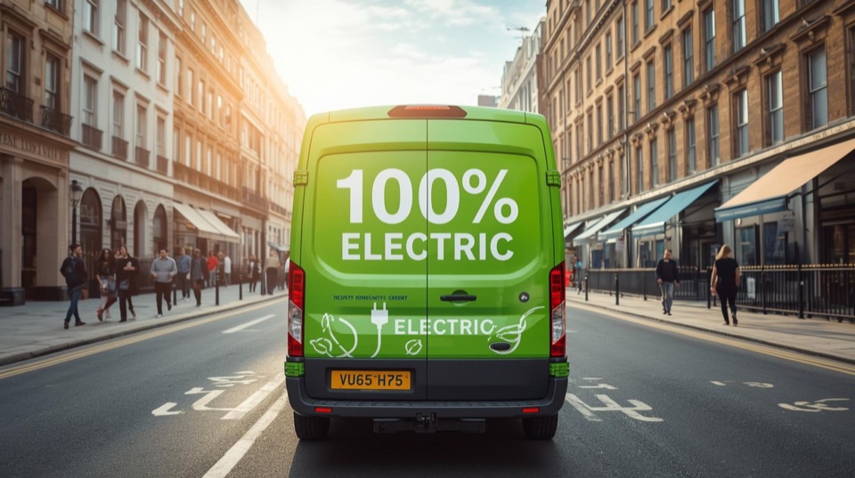 A bright green 100% electric delivery van on a city street