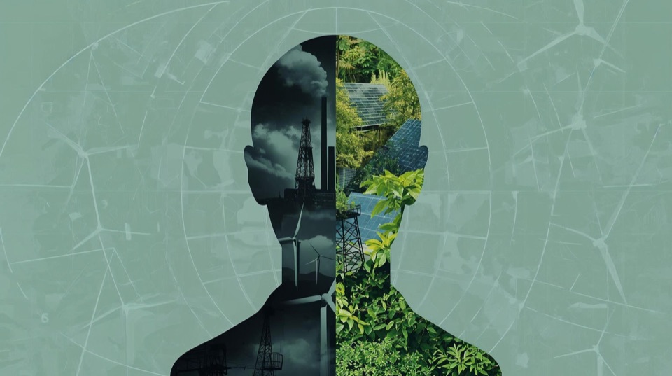 A human silhouette split between an industrial scene and lush greenery, representing the full emissions footprint