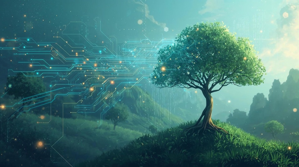 A tree growing from a landscape with glowing digital circuit branches, representing data-led sustainable growth